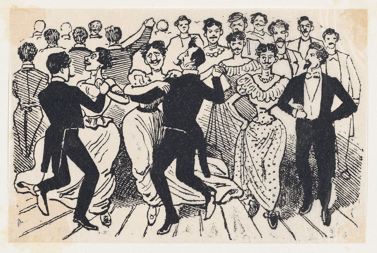 A dance with men in dresses paired with men in suits from a broadside entitled 'Los 41 maricones encontrados en un baile de la Calle de la Paz el 20 de Noviembre de 1901', José Guadalupe Posada (Mexican, Aguascalientes 1852–1913 Mexico City), Etching on zinc 