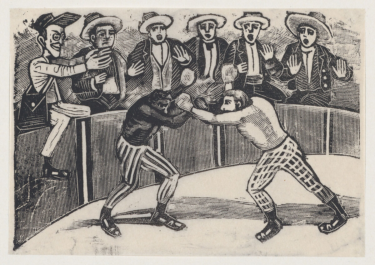 Don Chepito witnessing a boxing match between two men (one black, the other white), José Guadalupe Posada (Mexican, Aguascalientes 1852–1913 Mexico City), Type-metal engraving 