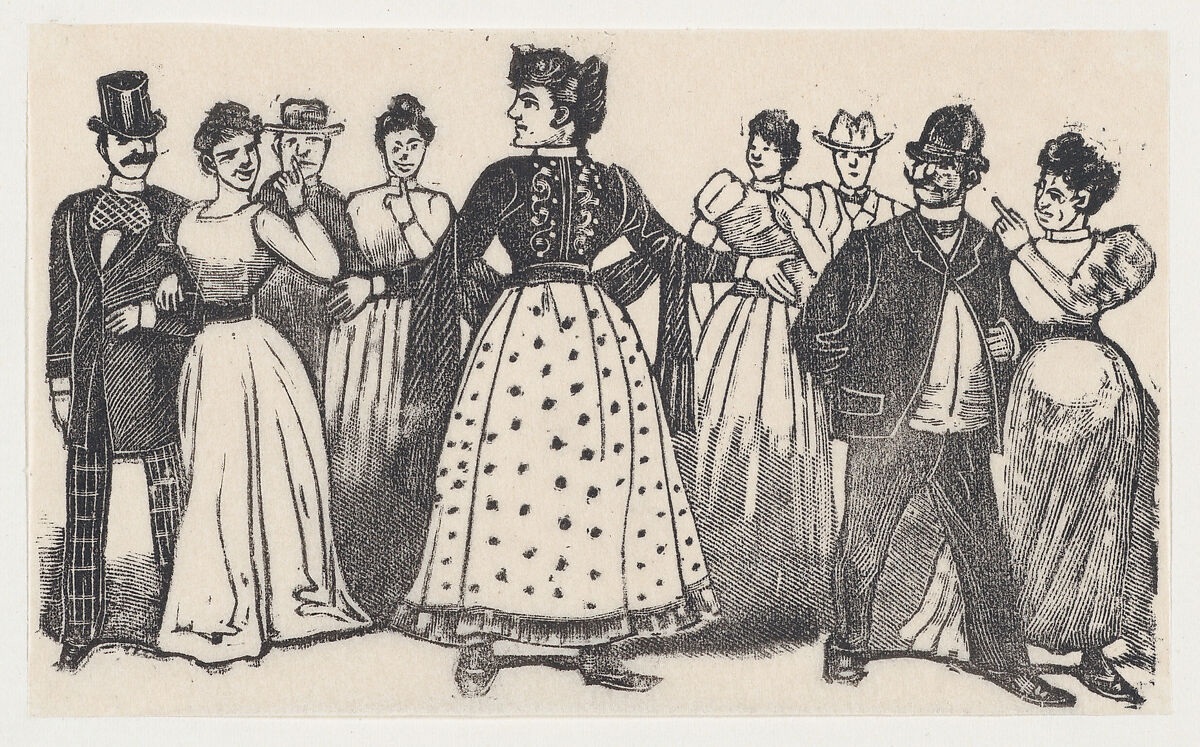 A woman with her ams open surrounded by figures in elegant dress, José Guadalupe Posada (Mexican, Aguascalientes 1852–1913 Mexico City), Type-metal engraving 