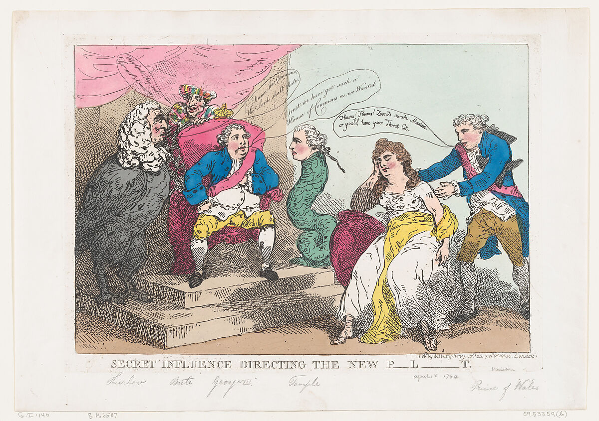 Secret Influence Directing The New P-l-t [Parliament], Thomas Rowlandson (British, London 1757–1827 London), Hand-colored etching 