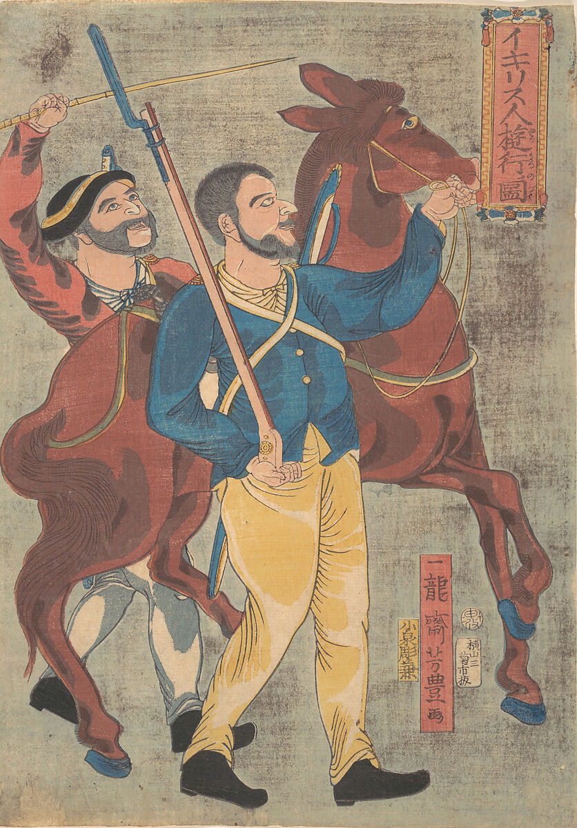Englishman Walking for Pleasure, Ichiryūsai Yoshitoyo (Japanese, 1830–1866), Woodblock print; ink and color on paper, Japan 