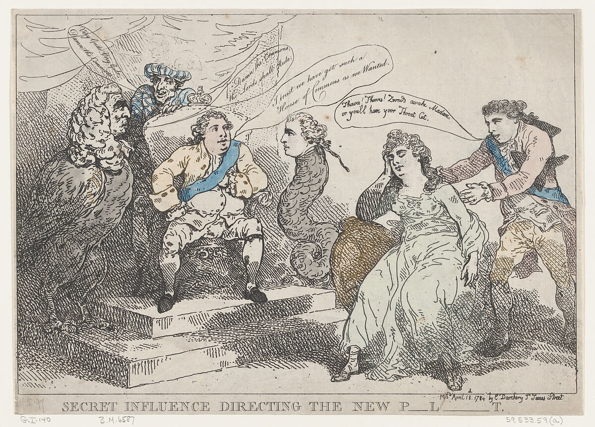 Secret Influence Directing The New P-l-t [Parliament], Thomas Rowlandson (British, London 1757–1827 London), Etching with touches of hand-coloring 