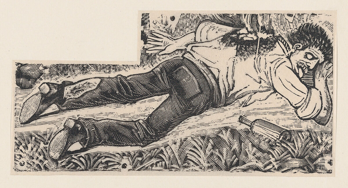 A drunken man with a bottle at his side in a field, José Guadalupe Posada (Mexican, Aguascalientes 1852–1913 Mexico City), Type-metal engraving 