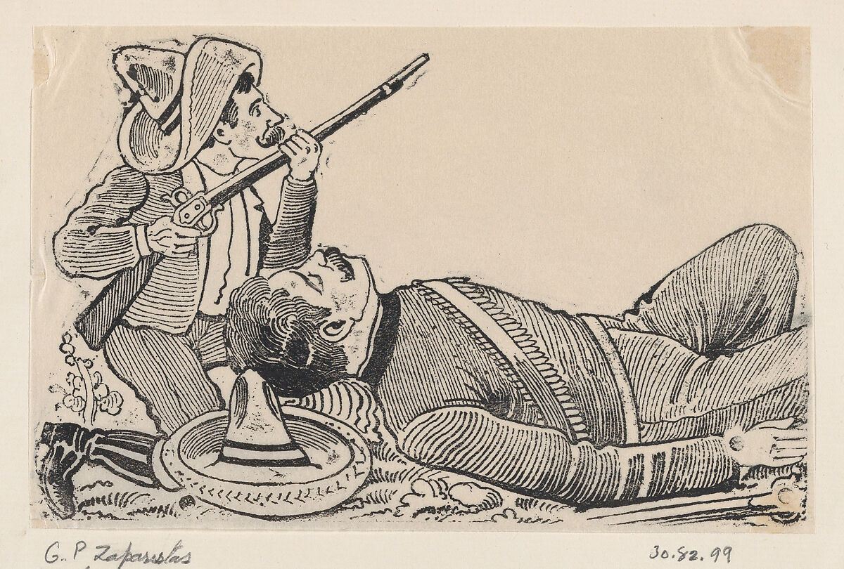 A revolutionary holding a rifle and kneeling to protect a fallen revolutionary, José Guadalupe Posada (Mexican, Aguascalientes 1852–1913 Mexico City), Zincograph 