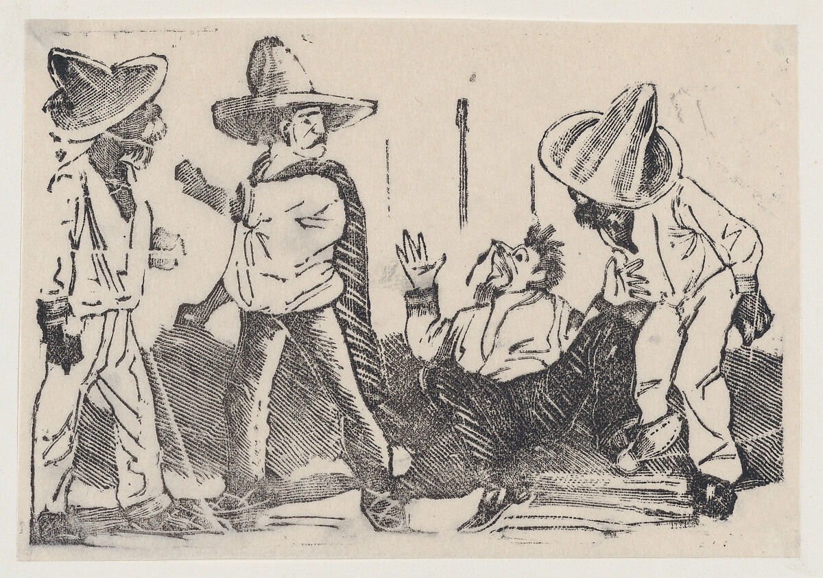 Street fight between four men, José Guadalupe Posada (Mexican, Aguascalientes 1852–1913 Mexico City), Type-metail engraving 