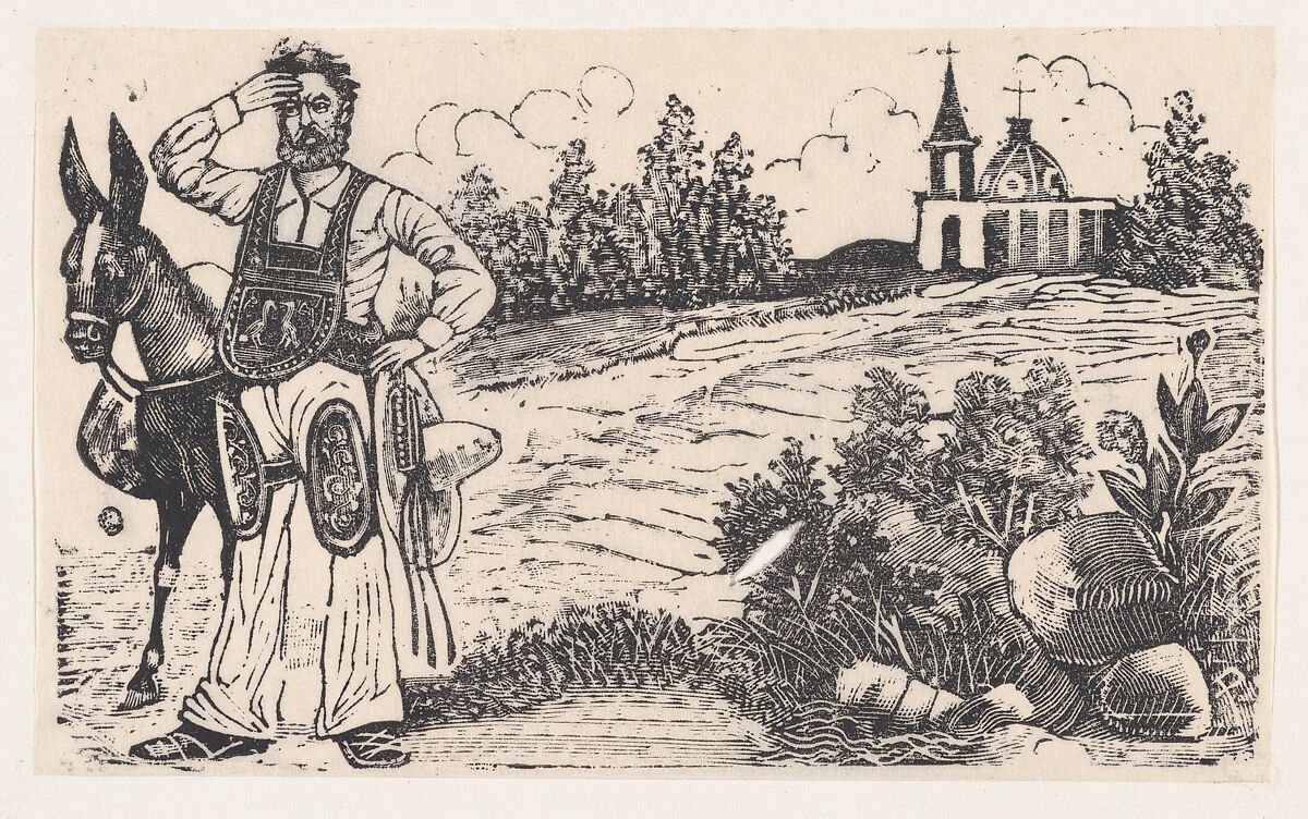 A drover and a mule standing on a road with a church in the background, José Guadalupe Posada (Mexican, Aguascalientes 1852–1913 Mexico City), Type-metal engraving 