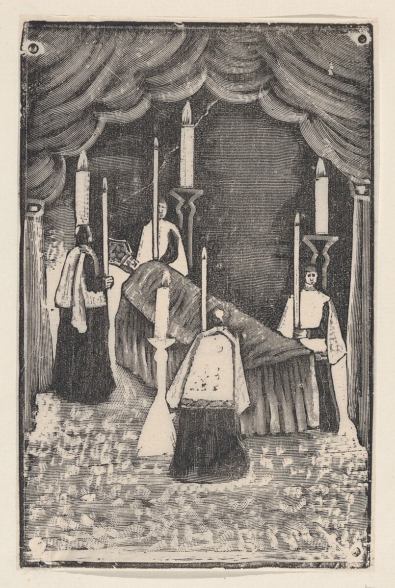 A group of holy men holding candles around a bier with a prelate, José Guadalupe Posada (Mexican, Aguascalientes 1852–1913 Mexico City), Type-metal engraving 