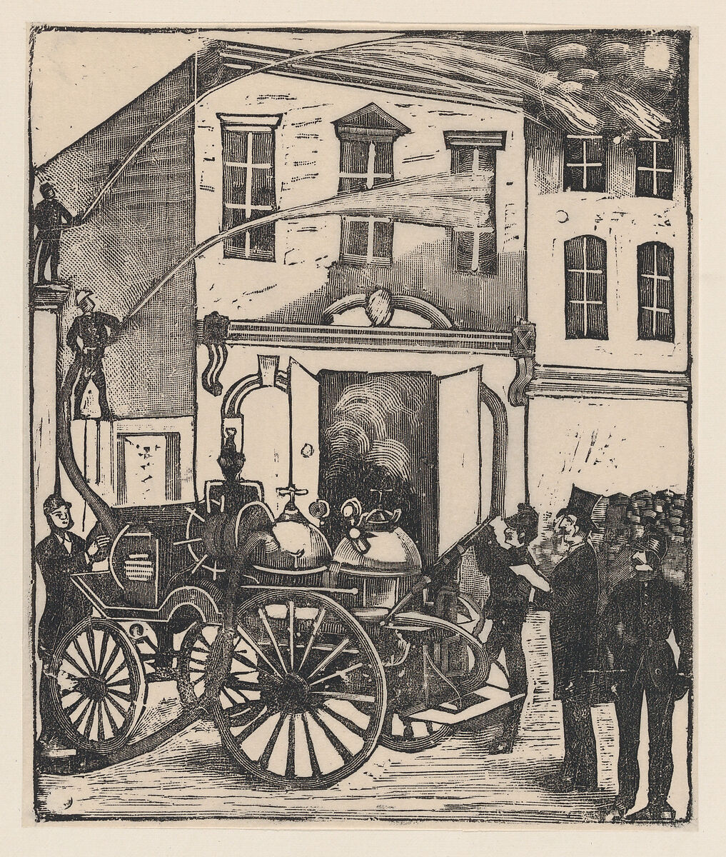 Firefighters putting out a fire in a house, firetruck in foreground, José Guadalupe Posada (Mexican, Aguascalientes 1852–1913 Mexico City), Type-metal engraving 
