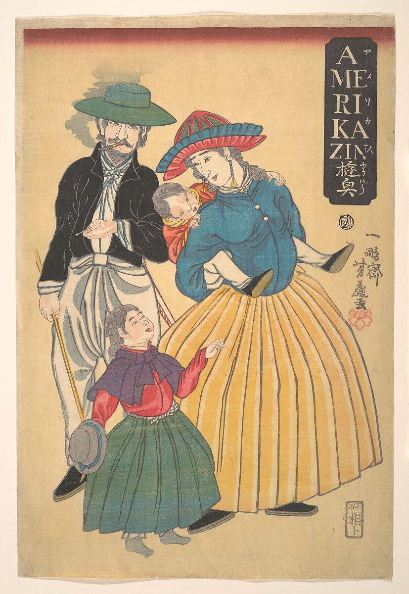 Americans on an Outing (Amerikajin yūgyō), Ippōsai Yoshifuji (Japanese, 1828–1887), Woodblock print (nishiki-e); ink and color on paper; vertical ōban, Japan 
