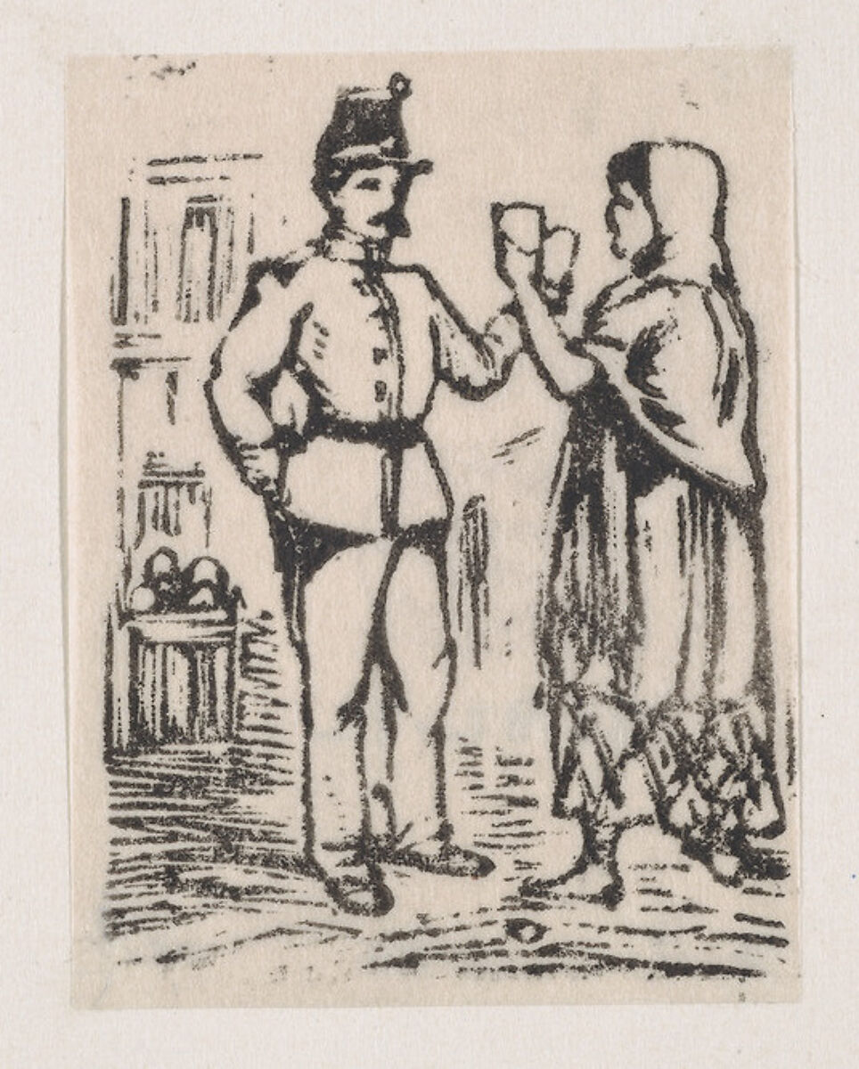 A man in uniform and a woman in a shawl and skirt raising their glasses to one another, José Guadalupe Posada (Mexican, Aguascalientes 1852–1913 Mexico City), Woodcut 