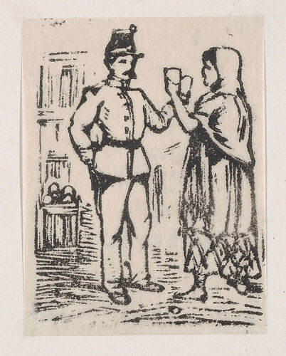 A man in uniform and a woman in a shawl and skirt raising their glasses to one another
