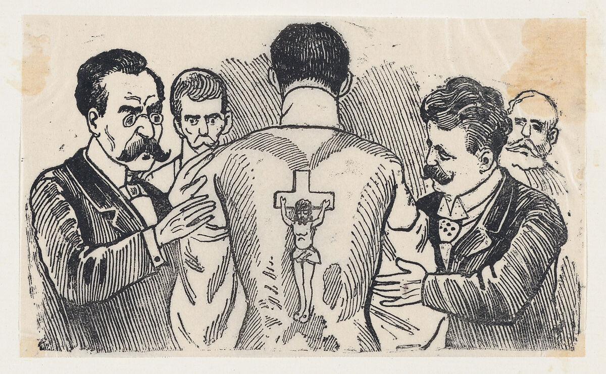 A group of men looking at a man's back with an image of the Crucifixion, José Guadalupe Posada (Mexican, Aguascalientes 1852–1913 Mexico City), Zincograph 