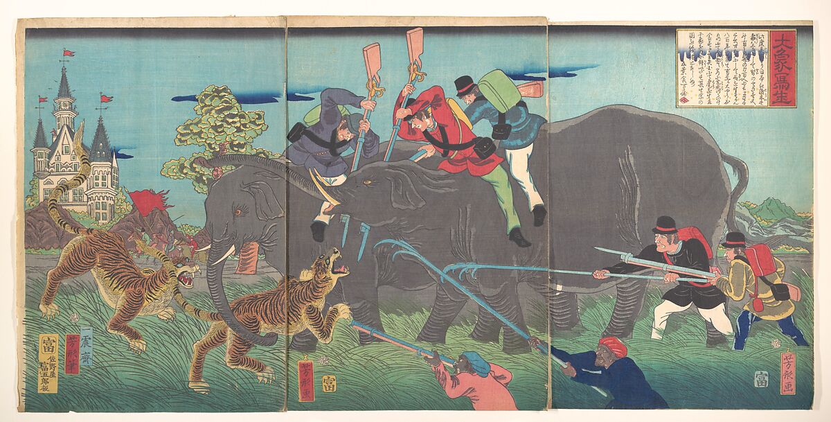 Big Elephants Being Attacked, Isshinsai Yoshikata (Japanese, active ca. 1841–64), Triptych of woodblock prints; ink and color on paper, Japan 