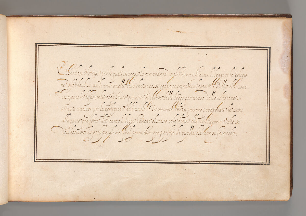 Calligraphic Exercise in Italian (Cursive Script), Anonymous French or Flemish, Pen and black and brown ink. 