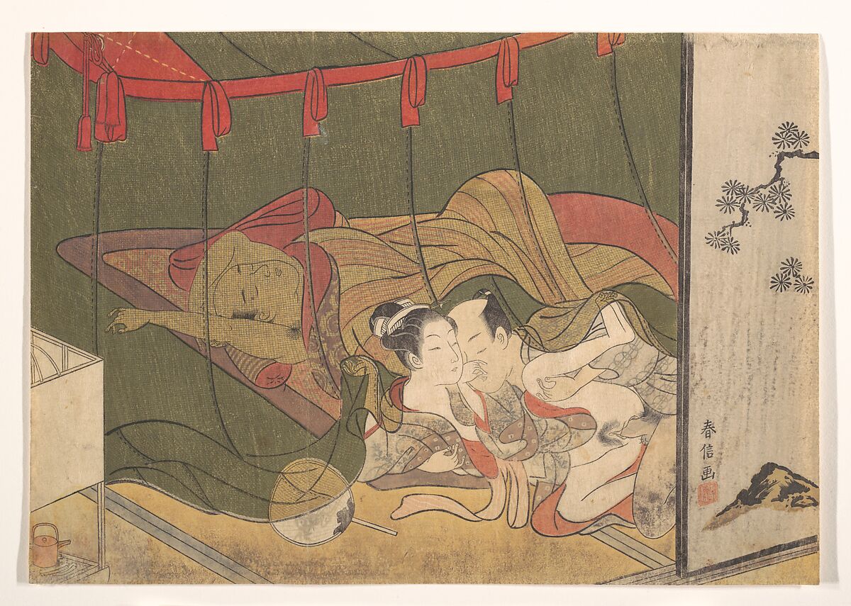 Lovers Beneath a Mosquito Net, Suzuki Harunobu (Japanese, 1725–1770), Woodblock print; ink and color on paper, Japan 