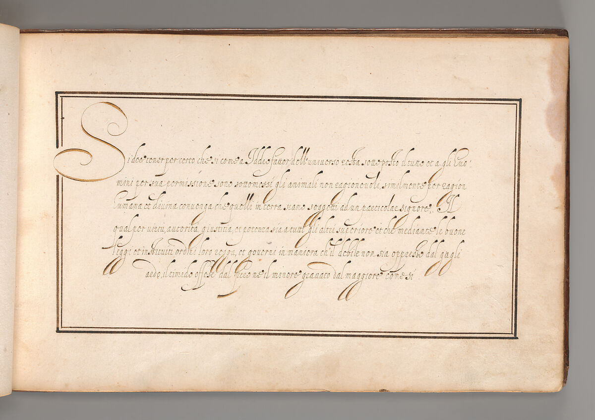 Calligraphic Exercise in Italian (Cursive Script), Anonymous French or Flemish, Pen and black and brown ink. 