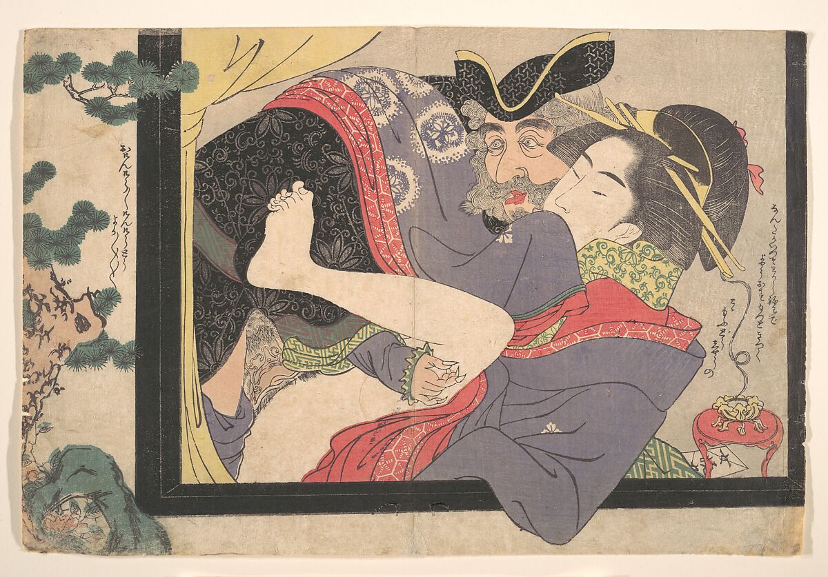 Dutchman and Maruyama Courtesan, Chōkyōsai Eiri (Japanese, active ca. 1789–1801), Woodblock print; ink and color on paper, Japan 