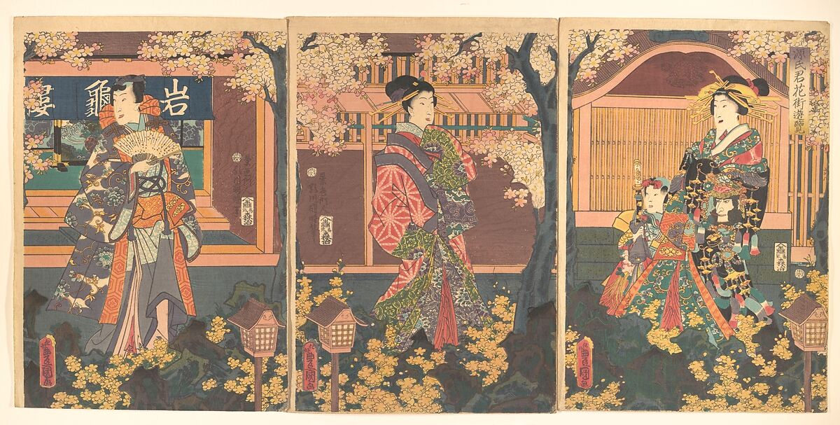 Prince Genji Visits the Gankirō Tea House, Utagawa Kunisada (Japanese, 1786–1864), Triptych of woodblock prints; ink and color on paper, Japan 