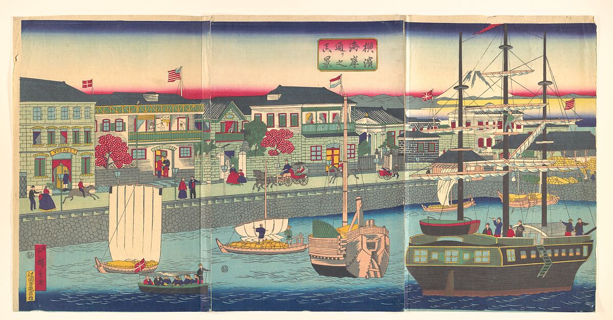 View of the Seafront in Yokohama (Yokohama Kagandori no fūkei), Utagawa Hiroshige III (Japanese, 1843–1894), Triptych of woodblock prints; ink and color on paper, Japan 