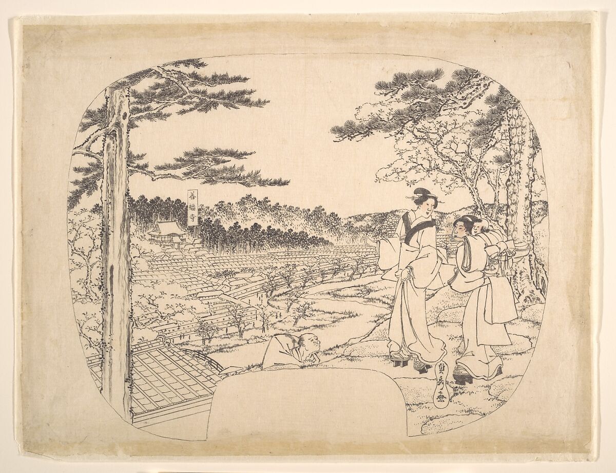 Two Women Admiring the Sights from a Vantage Point Overlooking the Zenpukuji Temple, Utagawa (Gountei) Sadahide (Japanese, 1807–1873), Preparatory drawing; ink on paper, Japan 
