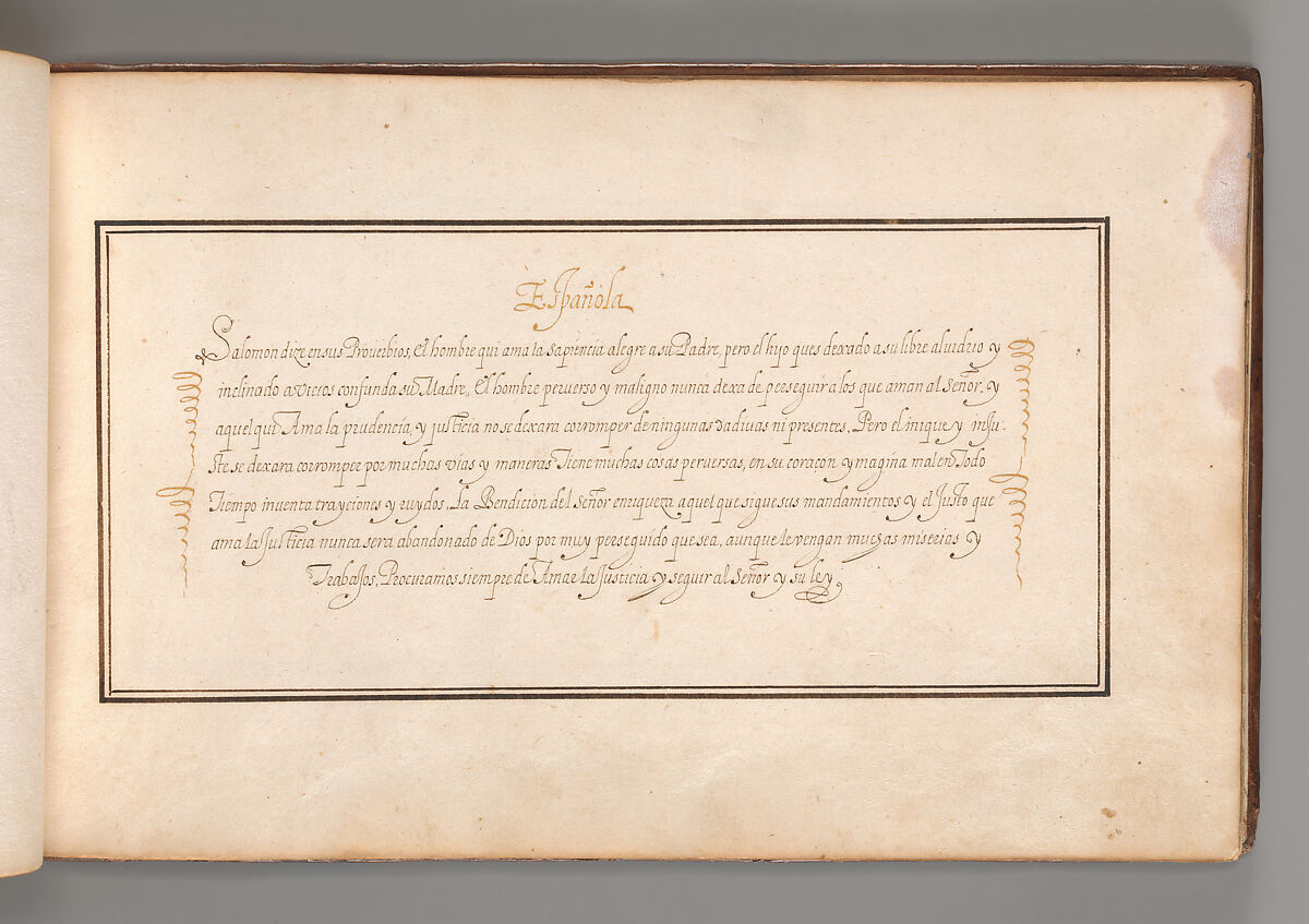 Calligraphic Exercise in Spanish, Anonymous French or Flemish, Pen and black and brown ink. 