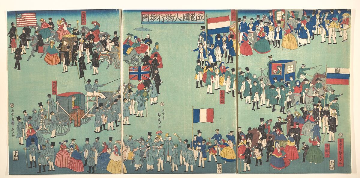 Picture of a Parade of the Five Nations, Utagawa (Gountei) Sadahide (Japanese, 1807–1878/79), Triptych of woodblock prints; ink and color on paper, Japan 