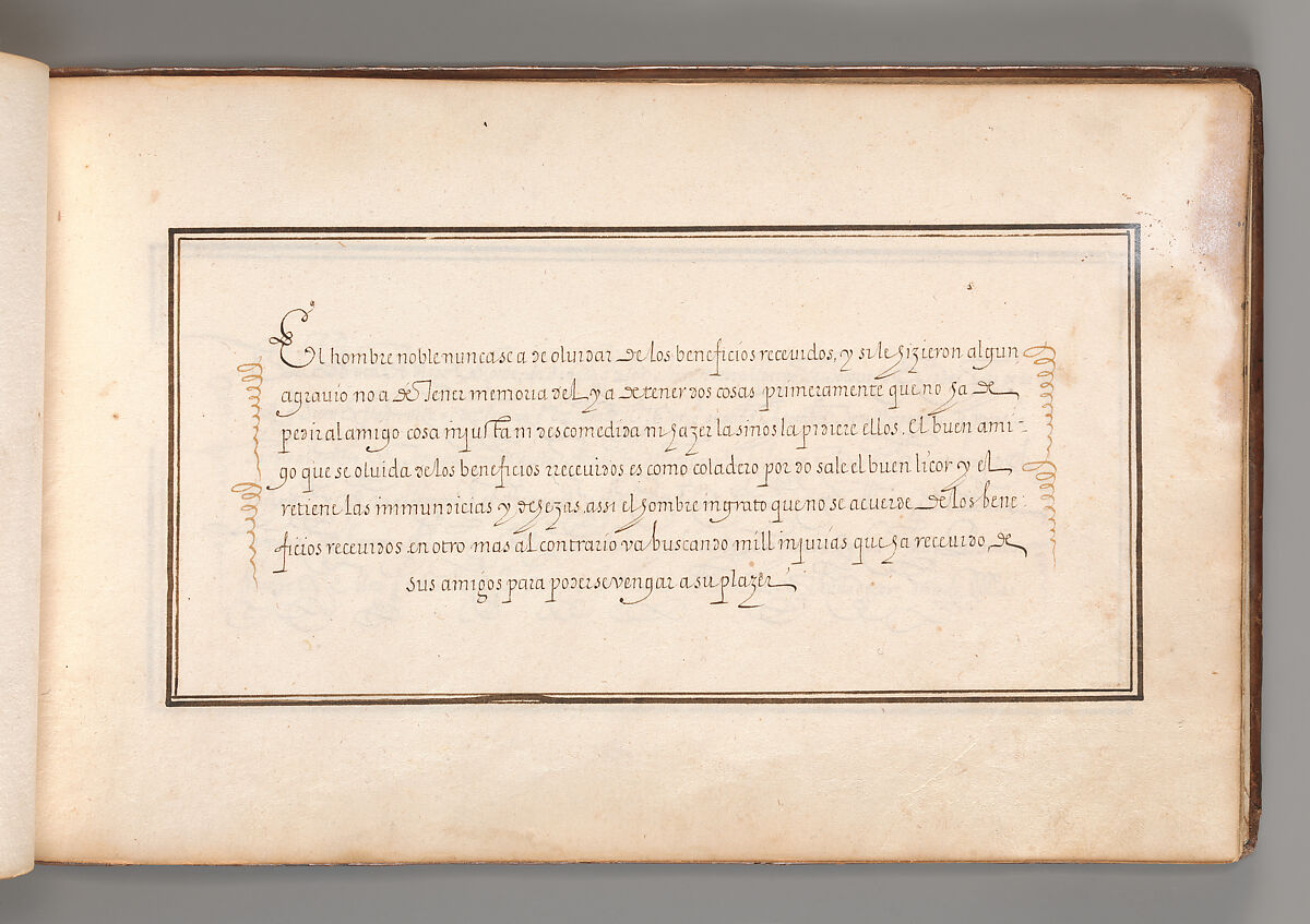 Calligraphic Exercise in Spanish, Anonymous French or Flemish, Pen and black and brown ink. 