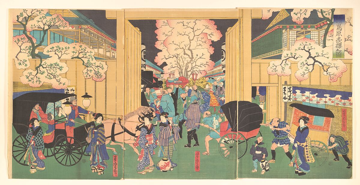 Cherries at Night at New Shimabara, Utagawa Yoshitora (Japanese, active ca. 1850–80), Triptych of woodblock prints; ink and color on paper, Japan 