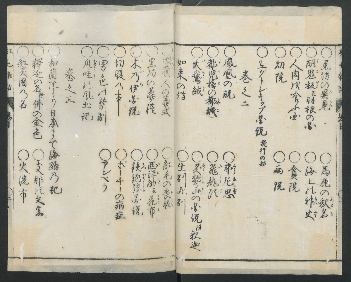 Chats on Novelties of Foreign Lands (Kōmōzatsuwa 紅毛雑話), Five volumes of woodblock printed books; ink on paper, Japan
