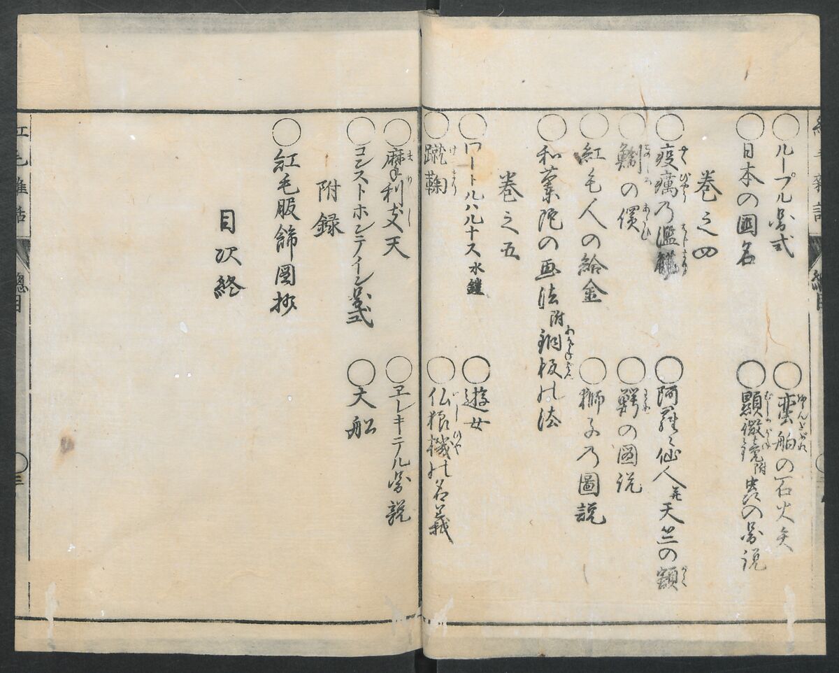 Chats on Novelties of Foreign Lands (Kōmōzatsuwa 紅毛雑話), Five volumes of woodblock printed books; ink on paper, Japan