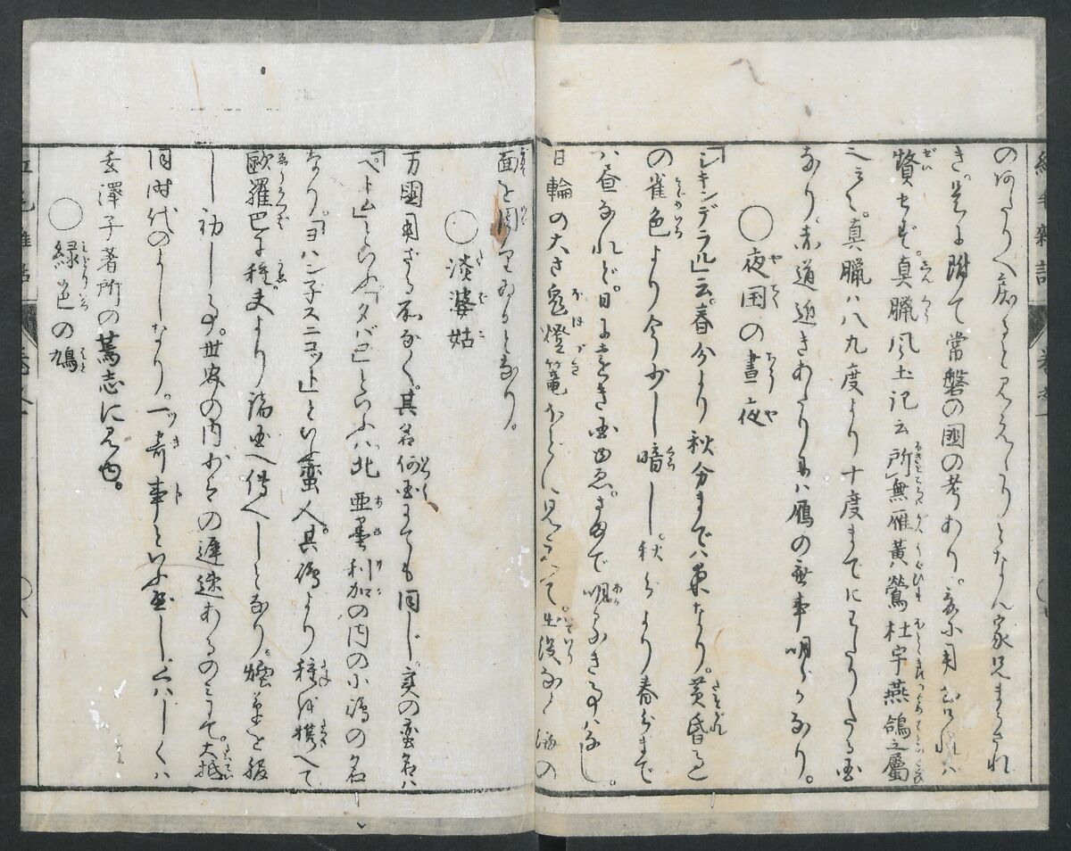 Chats on Novelties of Foreign Lands (Kōmōzatsuwa 紅毛雑話), Five volumes of woodblock printed books; ink on paper, Japan