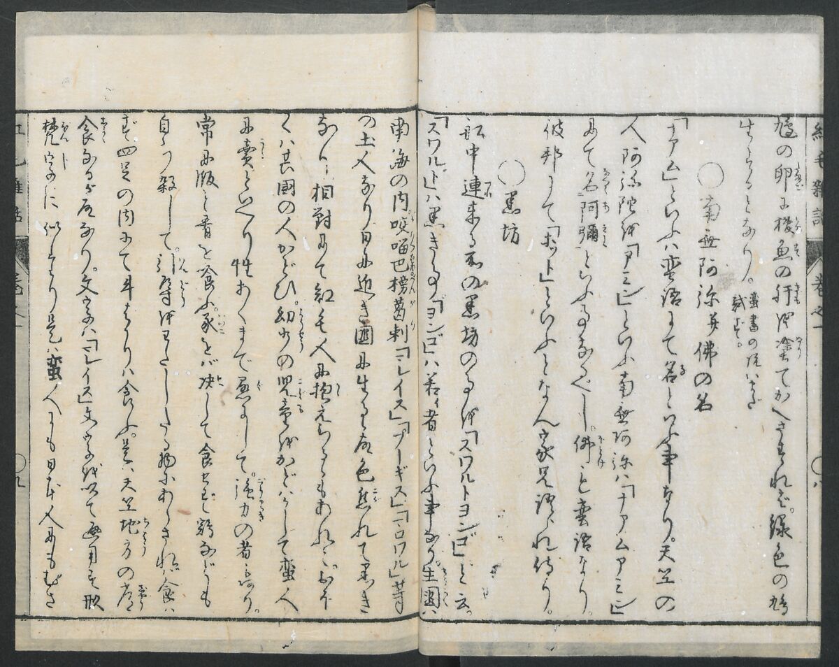 Chats on Novelties of Foreign Lands (Kōmōzatsuwa 紅毛雑話), Five volumes of woodblock printed books; ink on paper, Japan