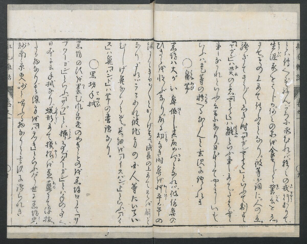 Chats on Novelties of Foreign Lands (Kōmōzatsuwa 紅毛雑話), Five volumes of woodblock printed books; ink on paper, Japan