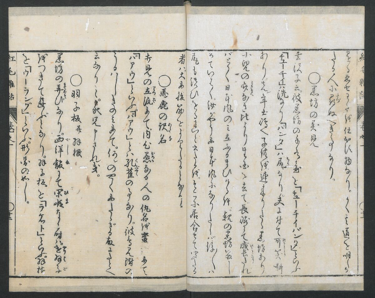 Chats on Novelties of Foreign Lands (Kōmōzatsuwa 紅毛雑話), Five volumes of woodblock printed books; ink on paper, Japan