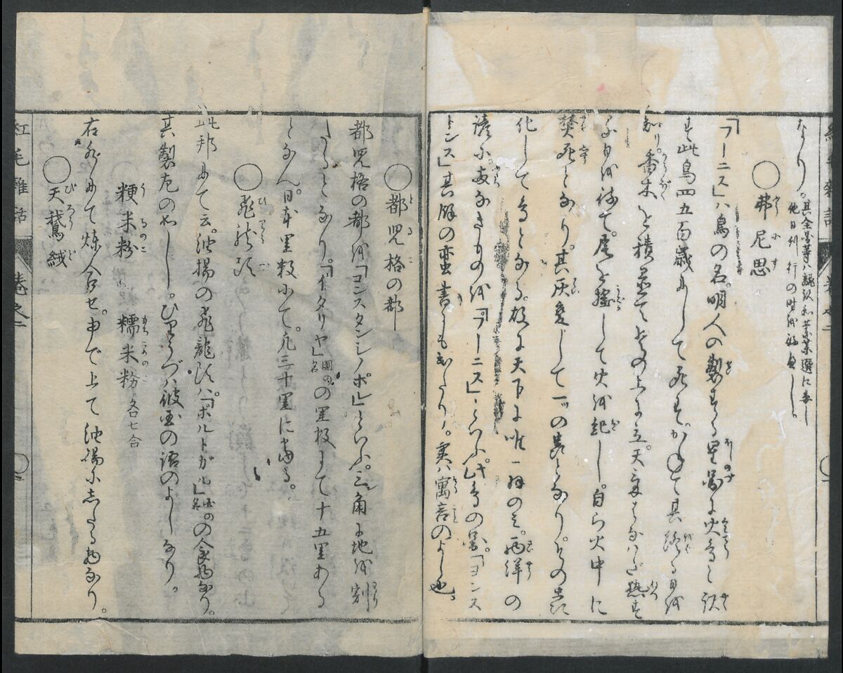 Chats on Novelties of Foreign Lands (Kōmōzatsuwa 紅毛雑話), Five volumes of woodblock printed books; ink on paper, Japan