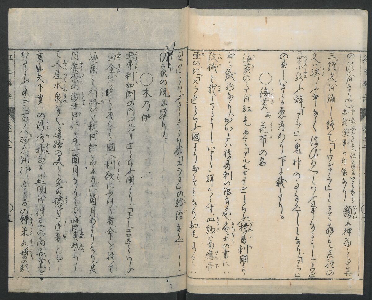 Chats on Novelties of Foreign Lands (Kōmōzatsuwa 紅毛雑話), Five volumes of woodblock printed books; ink on paper, Japan