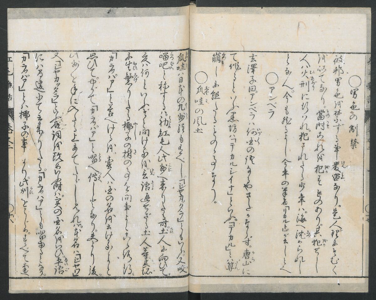 Chats on Novelties of Foreign Lands (Kōmōzatsuwa 紅毛雑話), Five volumes of woodblock printed books; ink on paper, Japan