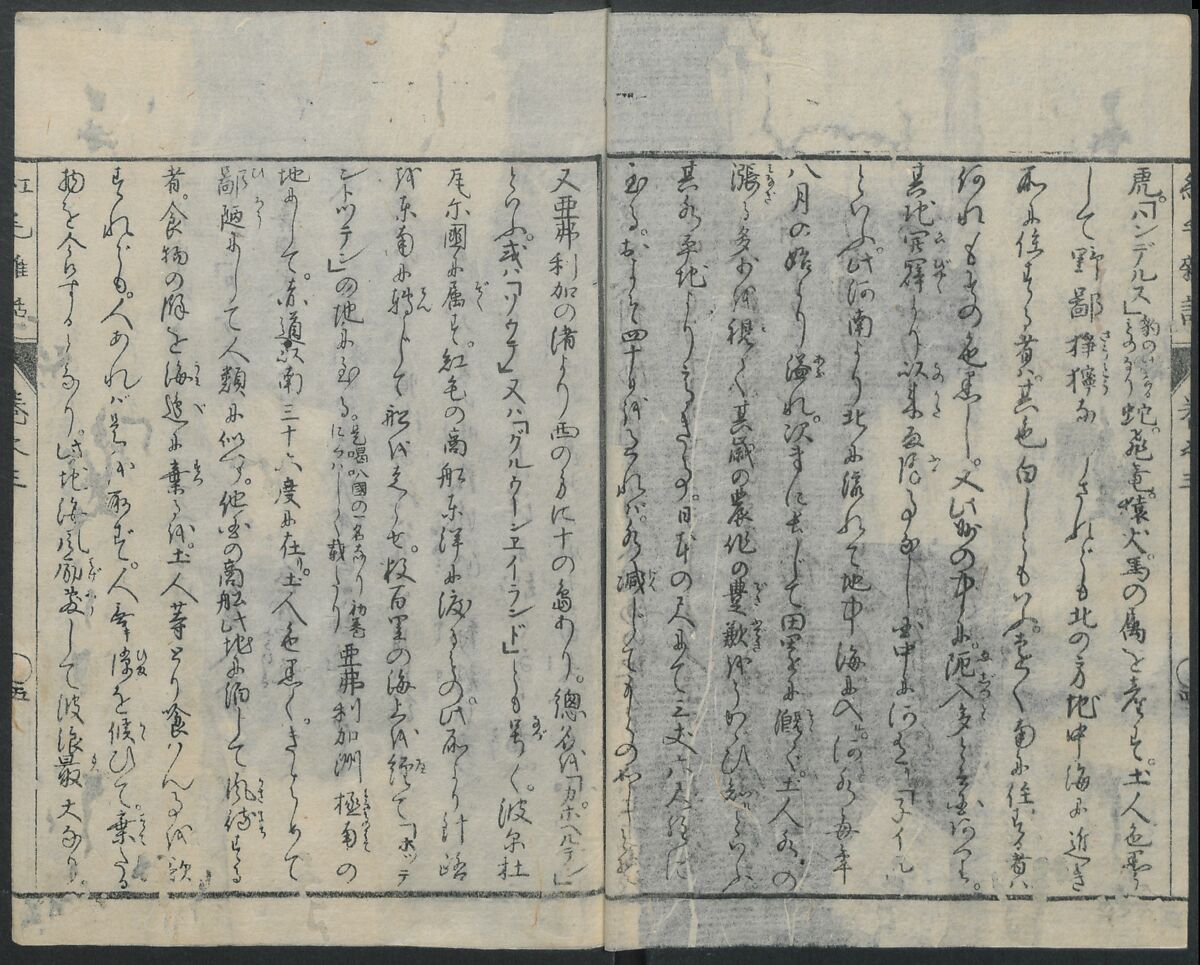 Chats on Novelties of Foreign Lands (Kōmōzatsuwa 紅毛雑話), Five volumes of woodblock printed books; ink on paper, Japan