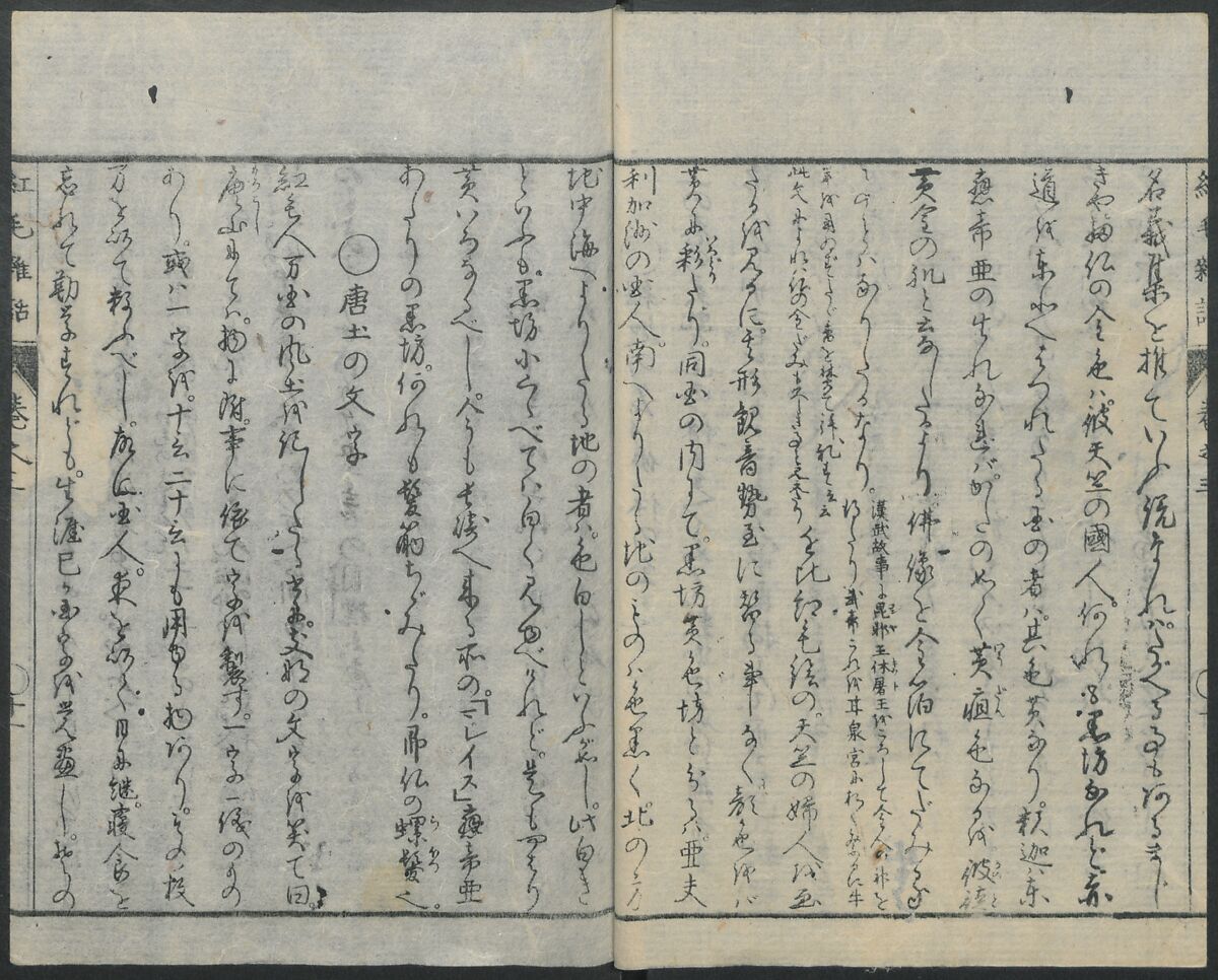 Chats on Novelties of Foreign Lands (Kōmōzatsuwa 紅毛雑話), Five volumes of woodblock printed books; ink on paper, Japan