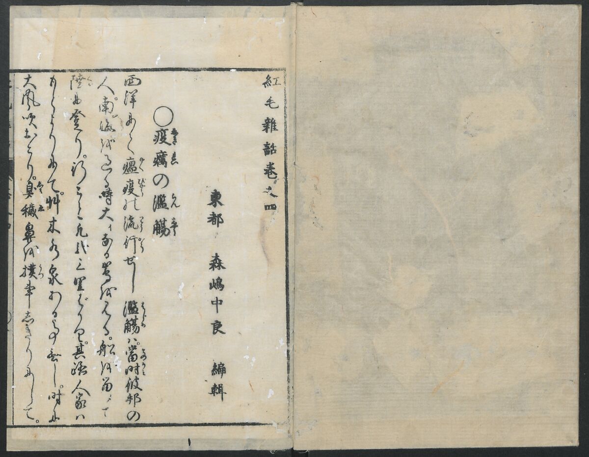 Chats on Novelties of Foreign Lands (Kōmōzatsuwa 紅毛雑話), Five volumes of woodblock printed books; ink on paper, Japan
