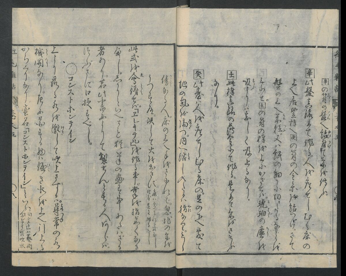 Chats on Novelties of Foreign Lands (Kōmōzatsuwa 紅毛雑話), Five volumes of woodblock printed books; ink on paper, Japan