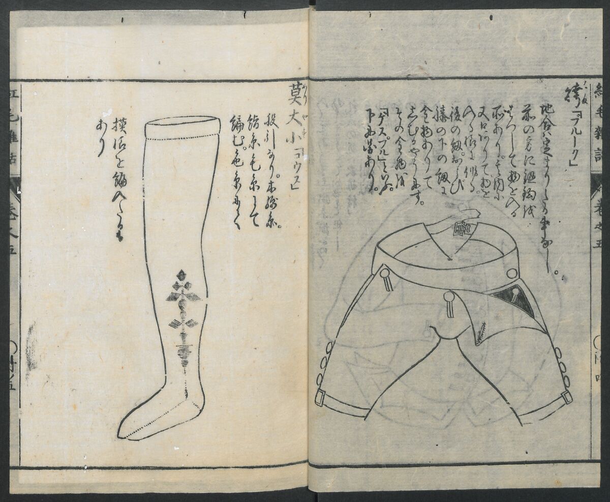Chats on Novelties of Foreign Lands (Kōmōzatsuwa 紅毛雑話), Five volumes of woodblock printed books; ink on paper, Japan