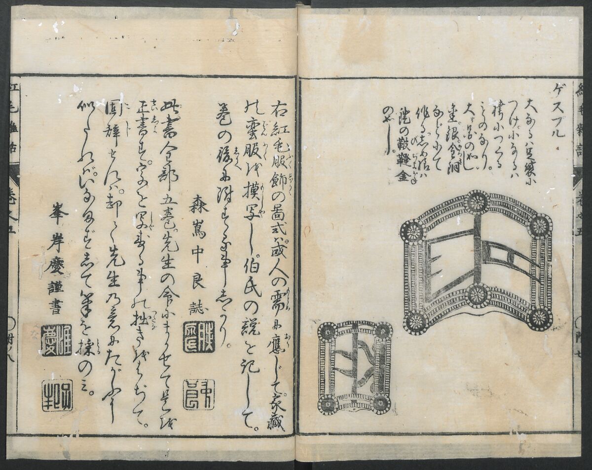 Chats on Novelties of Foreign Lands (Kōmōzatsuwa 紅毛雑話), Five volumes of woodblock printed books; ink on paper, Japan