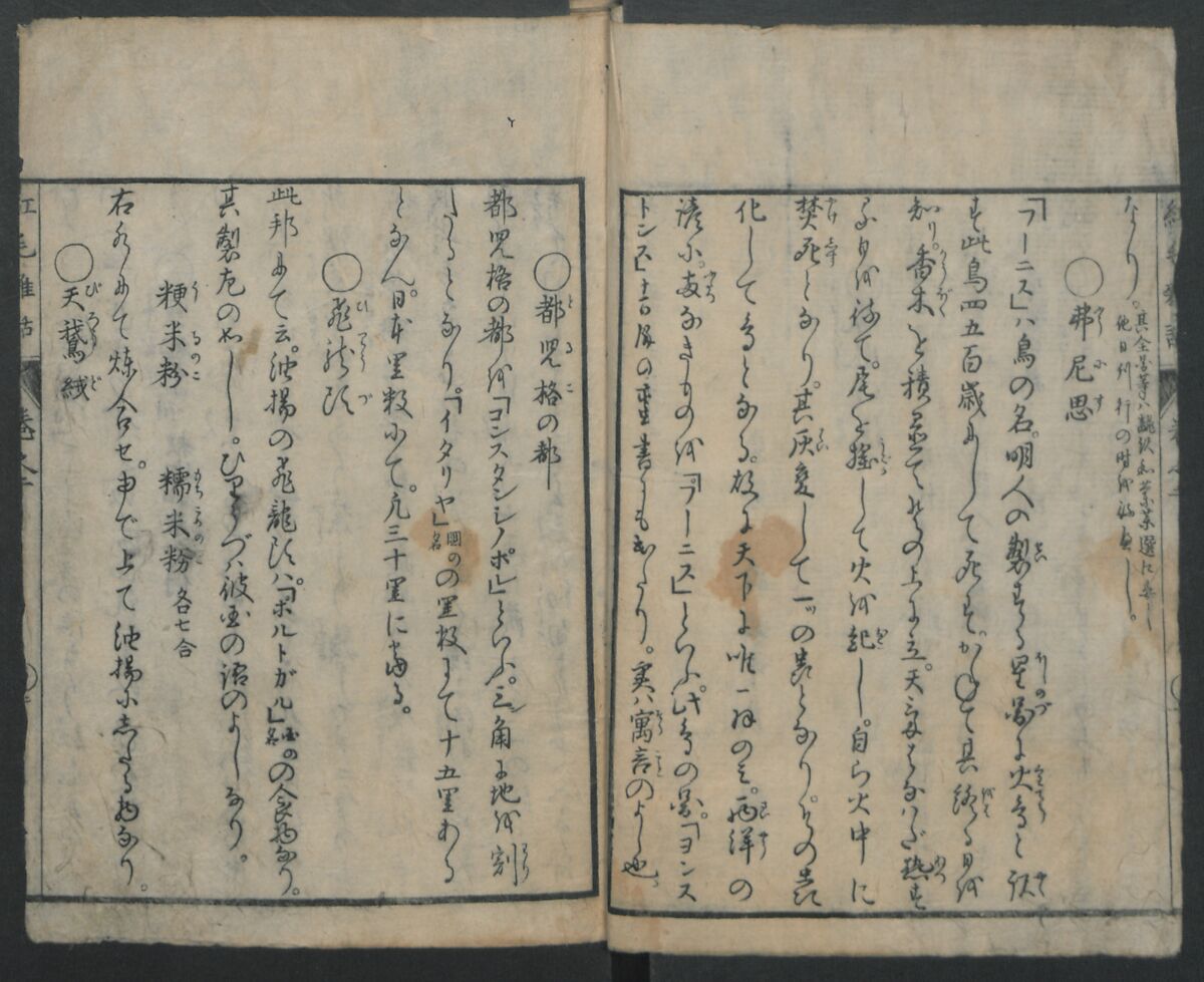 Chats on Novelties of Foreign Lands (Kōmōzatsuwa) 紅毛雑話, Shiba Kōkan 司馬江漢 (Japanese, 1747–1818), Five volumes of woodblock printed books bound as one; ink on paper,, Japan