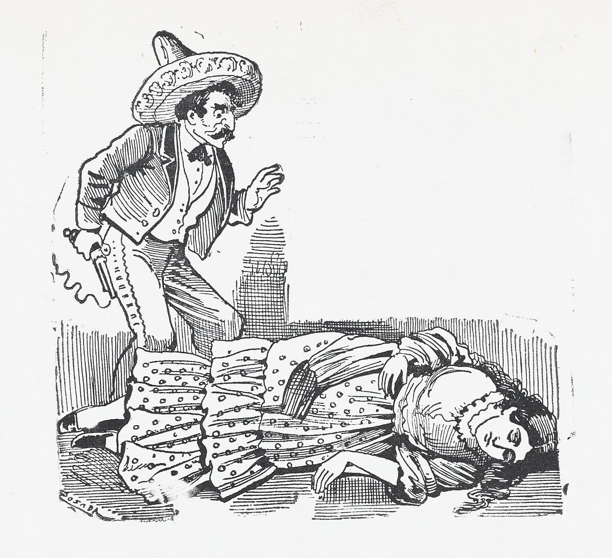 A man with a gun standing over a woman he has just shot, José Guadalupe Posada (Mexican, Aguascalientes 1852–1913 Mexico City), Zincograph 