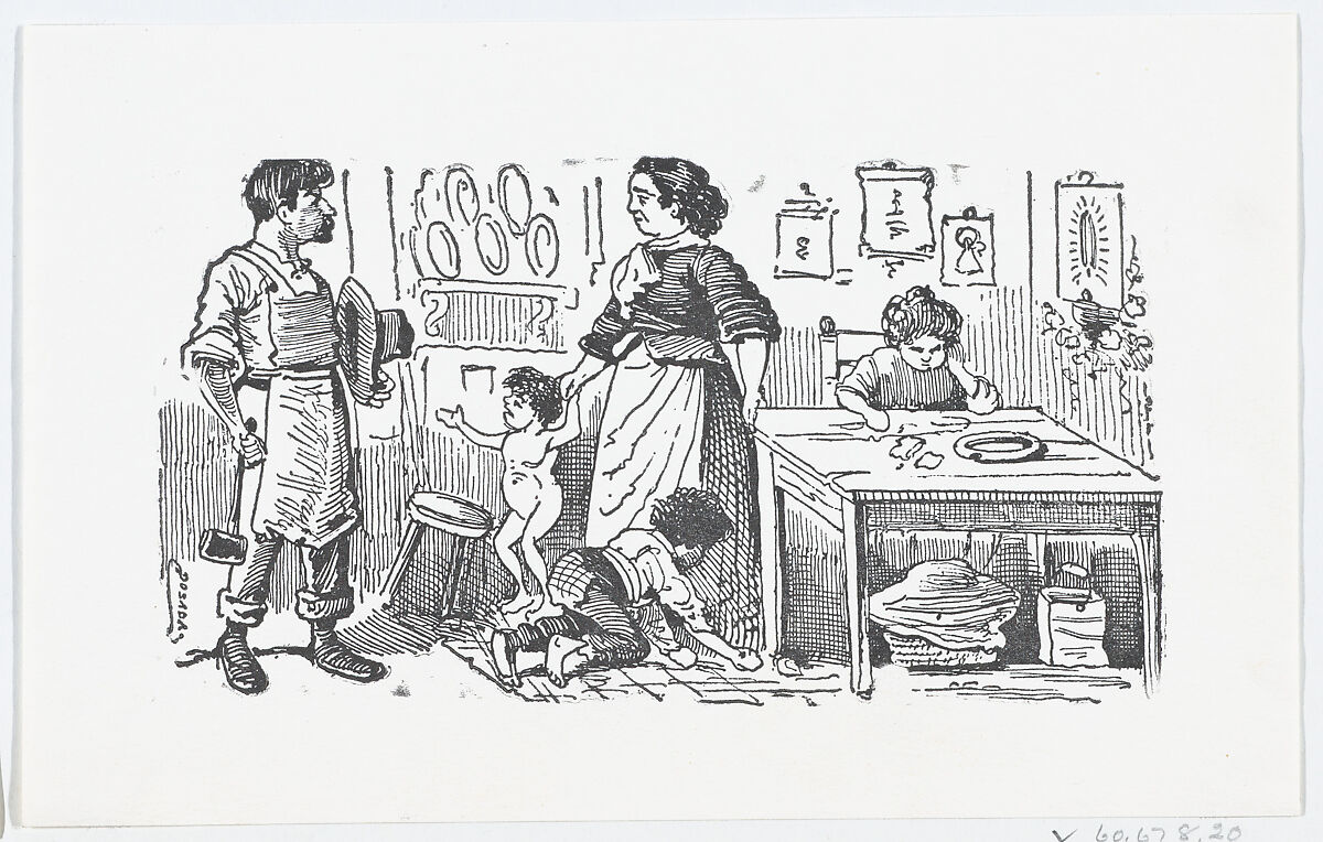 A domestic scene with a mother holding her child's hand while talking to her husband, José Guadalupe Posada (Mexican, Aguascalientes 1852–1913 Mexico City), Zincograph 
