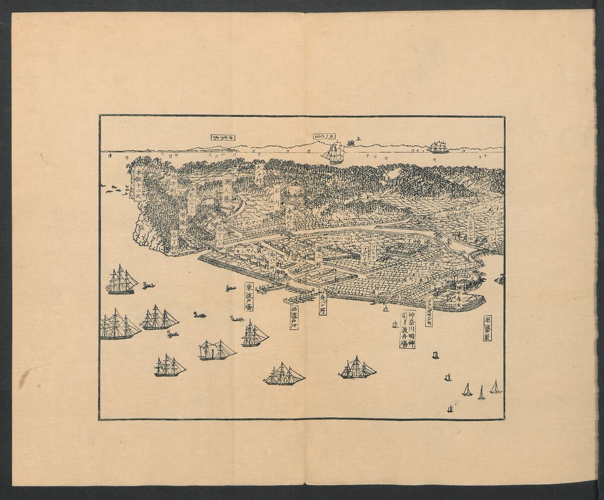 Observations on the Opening of Yokohama (Yokohama kaiko kenbunshi), Utagawa (Gountei) Sadahide (Japanese, 1807–1873), Three volumes of woodblock printed books; ink on paper, Japan