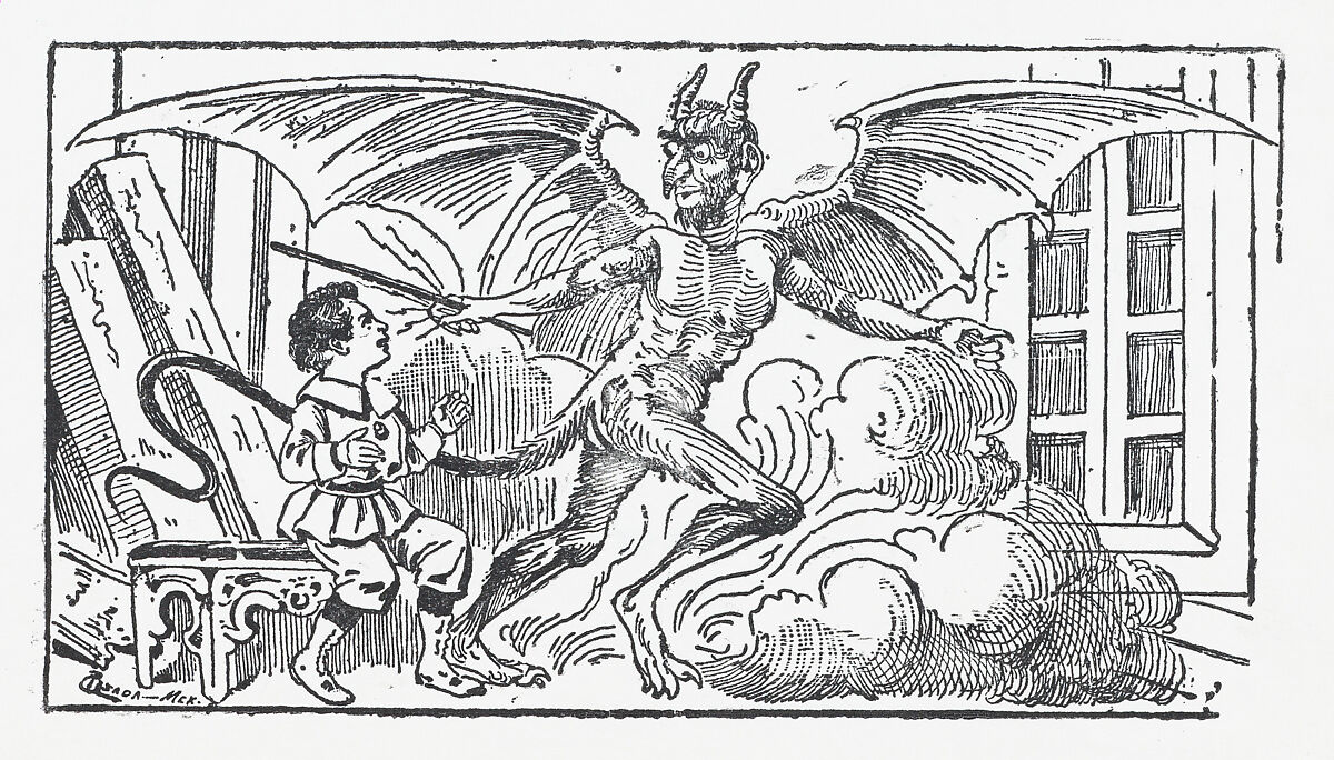 A young boy cowering from a demon, illustration from 'El Cuento Niño de Dulce', José Guadalupe Posada (Mexican, Aguascalientes 1852–1913 Mexico City), Zincograph 