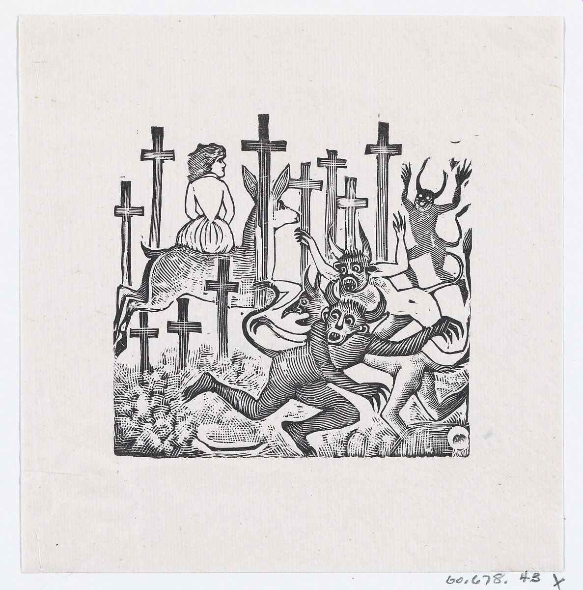 Demons running away from a woman on a deer riding through a field of crosses, José Guadalupe Posada (Mexican, Aguascalientes 1852–1913 Mexico City), Type-metal engraving 