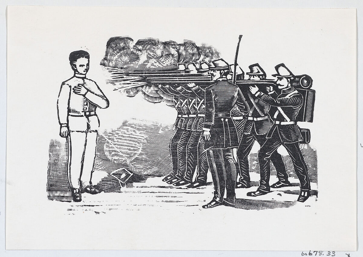 Firing squad shooting a man with his left hand on his chest, José Guadalupe Posada (Mexican, Aguascalientes 1852–1913 Mexico City), Type-metal engraving 